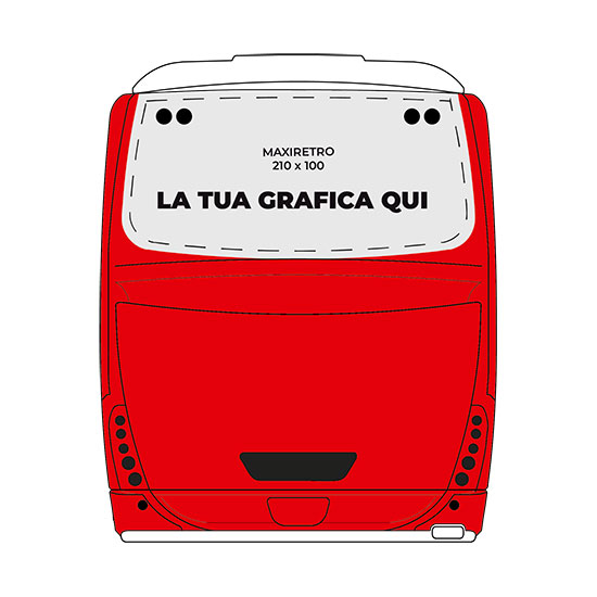 Si vede una grafica digitale con il figurino posto sul lunotto della linea extraurbana da 210cm per 100 cm, totalmente personalizzabile