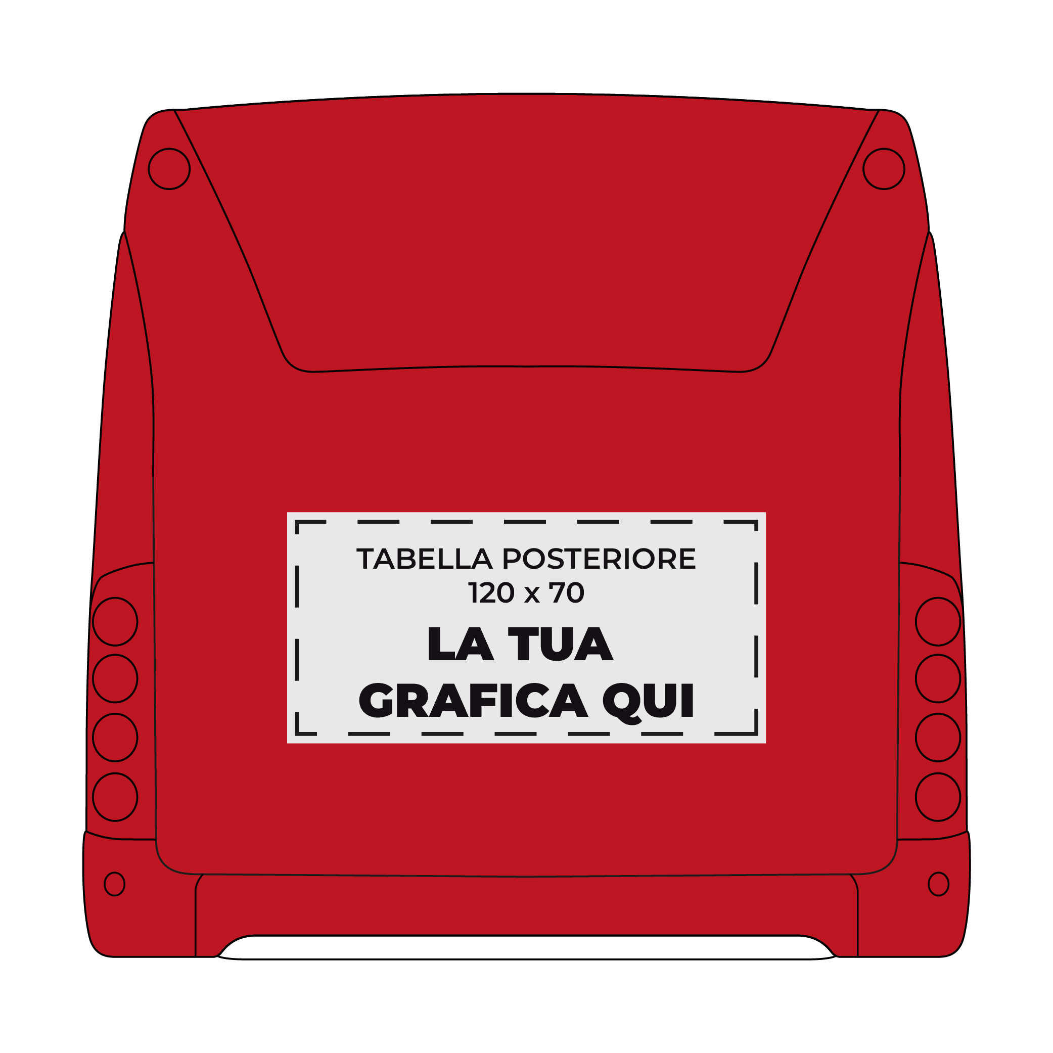 Si vede una grafica digitale con il figurino posto al lato della tabella da 120cm per 70cm, totalmente personalizzabile